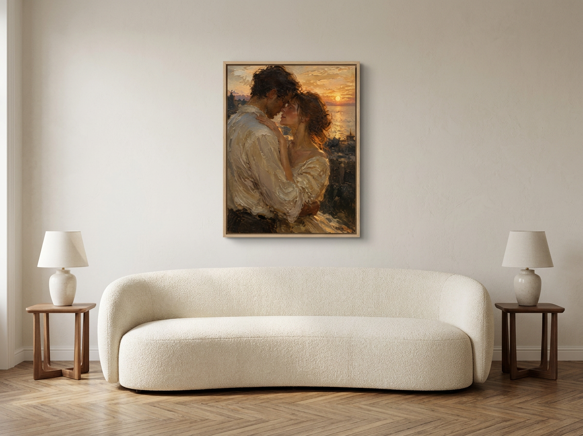 “Ten Summers” framed canvas in a natural floating frame above a cream sofa