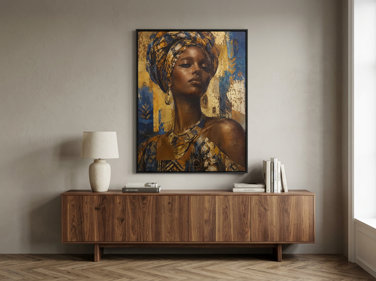 Portrait framed canvas in a black floating frame above a walnut sideboard